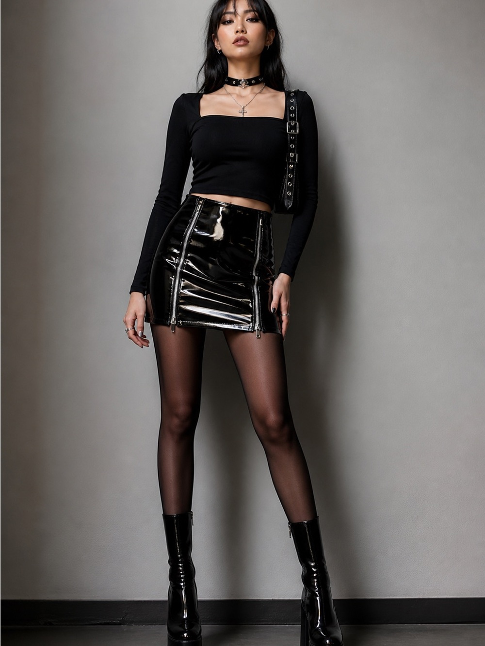 PrettyLittleThing Shiny Gothic Black Mini Skirt w Zippers
